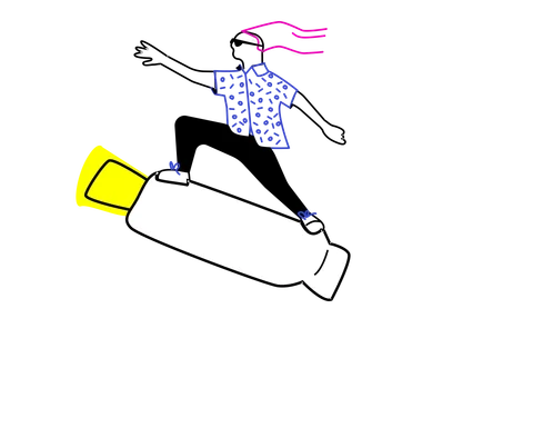 Illustrated surfer bursting through a portal